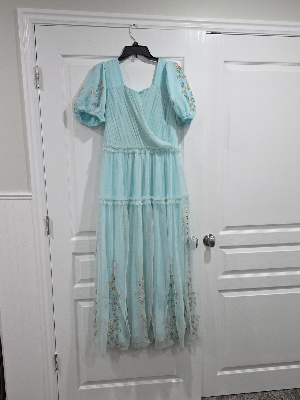 Ivy City Co Pastel Blue Embroidered Puff Sleeve Maxi Dress